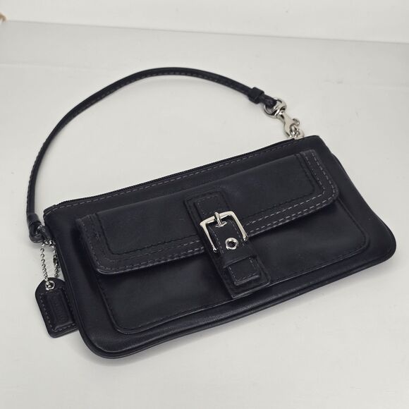 Coach Womens Single Strap Zip Top Pocket Front Wristlet Handbag Black Leather - Picture 2 of 8